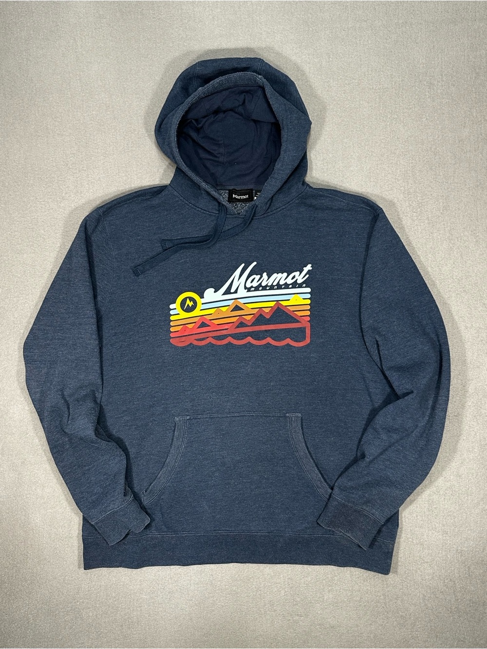 Marmot Hoodie Mens XLarge Navy Mountain Graphic Fleece Pullover Sweatshirt